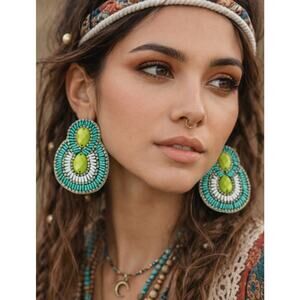 Kay Lee Turqouise Green Beaded Boho Earrings New